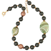 Black Pearl Necklace with Green & Gold Textured Stones